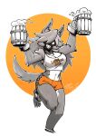  1girl alcohol ankle_cuffs arms_up bare_shoulders barrel beer beer_mug brand_name_imitation breasts cleavage cup employee_uniform furry furry_female grey_fur grey_hair hair_over_one_eye highres holding holding_cup hooters large_breasts long_hair midriff mug navel no_legwear orange_shorts parody print_tank_top shaded_face sharp_teeth short_shorts shorts solo standing standing_on_one_leg tank_top teeth uniform waitress wolf_girl wrist_cuffs za1f0n 