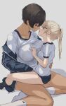  2girls black_hair blonde_hair blue_eyes blush breasts brown_hair carrying carrying_person couple dark-skinned_female dark_skin girl_on_top gym_uniform height_difference highres incoming_kiss kei_(m_k) large_breasts long_hair looking_at_another m_k multiple_girls open_mouth original ponytail red_eyes rika_(m_k) short_hair simple_background sitting sitting_on_lap sitting_on_person size_difference straddling sweat tall tall_female tan tomboy upright_straddle yuri 