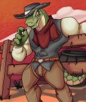 anthro bandanna belt claws clothing cloud cocky cocky_smile cowboy cowboy_hat dillon&#039;s_rolling_western gallo_(dillon&#039;s_rolling_western) green_body green_scales grin hat headgear headwear hi_res kerchief lizard male manly multicolored_body multicolored_scales muscular muscular_anthro muscular_male nintendo outside reptile scales scalie sky skyscape smile solo standing sunset tail tan_body tan_scales toothpick two_tone_body two_tone_scales urbanmonster western wild_west