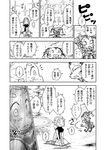  close-up comic emphasis_lines face greyscale hat horns jester jester_cap karaagetarou monochrome original ponytail sidelocks speech_bubble standing surprised sword talking translated weapon wide-eyed 