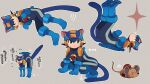  1boy 3suisousui :3 animal_ears animal_hands cat_boy cat_ears cat_tail commentary grey_background highres hissing kemonomimi_mode male_focus mega_man_(series) mega_man_battle_network_(series) megaman.exe mouse multiple_views open_mouth paw_pose pawpads sparkle sweatdrop symbol-only_commentary tail translation_request whiskers 