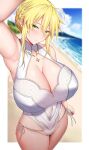  1girl absurdres ahoge arind_yudha arm_up armpits artoria_pendragon_(fate) artoria_pendragon_(swimsuit_ruler)_(fate) artoria_pendragon_(swimsuit_ruler)_(second_ascension)_(fate) bare_shoulders beach blonde_hair blush braid breasts cleavage_cutout clothing_cutout fate/grand_order fate_(series) french_braid green_eyes hair_between_eyes hair_bun highleg highleg_swimsuit highres large_breasts long_hair looking_at_viewer one-piece_swimsuit shore sidelocks solo swimsuit thighs white_one-piece_swimsuit 