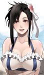  1girl beach bikini black_hair breasts brown_eyes butcha-u cleavage final_fantasy final_fantasy_vii final_fantasy_vii_rebirth final_fantasy_vii_remake flower frilled_bikini frills hair_flower hair_ornament highres large_breasts looking_at_viewer official_alternate_costume official_alternate_hairstyle open_mouth smile solo swimsuit tifa_lockhart upper_body 