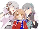  1boy 1girl 1other ;) aisu_(ahono_ice) blue_dress blue_eyes blue_neckerchief brown_hair claw_pose coat dress finger_heart gloves grey_gloves grey_hair hand_up highres jacket looking_at_viewer medicine_pocket medium_hair multicolored_hair neckerchief one_eye_closed open_mouth orange_eyes polka_dot_neckerchief red_jacket regulus_(reverse:1999) reverse:1999 sharp_teeth short_hair smile streaked_hair teeth twintails twintails_day upper_body v_over_mouth white_background white_coat white_hair x_(reverse:1999) yellow_eyes 