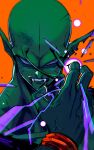 1boy angry antennae colored_skin dragon_ball fangs green_skin highres kokusoji looking_at_viewer male_focus namekian notched_ear orange_background piccolo pointy_ears red_eyes simple_background solo upper_body veins wristband 
