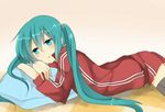  animated animated_gif aqua_eyes aqua_hair blinking closed_eyes hatsune_miku long_hair lying ochazuke on_stomach solo thighhighs track_suit twintails vocaloid 