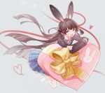  1girl animal_ears black_hair blazer blue_eyes blunt_bangs blunt_ends bow bowtie box collared_shirt crossed_arms hair_ornament hairclip heart heart-shaped_box highres jacket long_hair long_sleeves looking_at_viewer nijisanji okitanation open_mouth plaid plaid_skirt rabbit_ears shirt skirt solo thighhighs tsukino_mito very_long_hair virtual_youtuber 