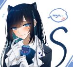  1girl ado_(utaite) animal_ears black_coat black_hair blue_bow blue_bowtie blue_eyes blue_flower blue_hair blue_rose blush bow bowtie cat_brooch cat_ears cat_girl cat_tail chando_(ado) closed_mouth cloud_nine_inc coat collared_shirt colored_inner_hair commentary_request dress_shirt fangs flower flower_brooch gloves highres kemonomimi_mode long_hair long_sleeves looking_at_viewer mole mole_under_eye multicolored_hair romaji_text rose shadow shirt shoko_(gs_music11) solo speech_bubble swept_bangs tail two-tone_hair upper_body utaite white_background white_gloves white_shirt 
