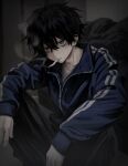  1boy absurdres bags_under_eyes black_hair black_pants blue_jacket cigarette grey_eyes hair_between_eyes highres imai_akira jacket long_sleeves looking_at_viewer male_focus mouth_hold original pants shirt sitting smoke smoking solo track_jacket zipper 