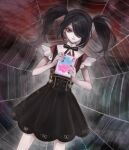  1girl ame-chan_(needy_girl_overdose) artist_request black_eyes black_hair black_ribbon book bow hair_bow hair_ornament hair_over_one_eye holding holding_book jirai_kei light_smile looking_at_viewer neck_ribbon needy_girl_overdose red_shirt ribbon second-party_source shirt silk skirt solo spider_web suspender_skirt suspenders twintails x_hair_ornament 