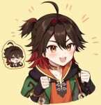  1boy black_gloves black_hoodie blush brown_eyes brown_hair chinese_clothes fingerless_gloves gaming_(genshin_impact) genshin_impact gloves hair_between_eyes highres hood hoodie iroiro_0w0 long_sleeves male_focus multicolored_hair open_mouth red_hair smile yellow_background 