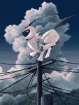  absol bright_pupils claws closed_mouth cloud commentary_request day from_side highres kuchiba_(jret2454) no_humans outdoors pokemon pokemon_(creature) power_lines signature sky solo utility_pole white_fur white_pupils 