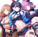  3girls asanaka_yomogi bare_shoulders belt black_choker black_hair black_shorts black_skirt blue_eyes breasts brown_hair brown_pantyhose choker cleavage commentary_request cowboy_shot crop_top cross cross_necklace dog_tags gloves green_eyes gridman_universe halterneck highres holding jewelry long_hair looking_at_viewer medium_breasts microskirt midriff multiple_girls navel necklace off_shoulder pantyhose pencil_skirt pink_eyes pink_gloves pink_hair ponytail shinjou_akane short_hair short_shorts shorts skirt standing stomach takarada_rikka tuna_picture white_background white_belt 