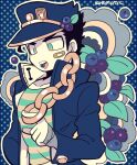  1boy bandaid bandaid_on_face black_hair blue_coat blue_headwear blue_theme blueberry chain coat collarbone food food_in_mouth fruit jojo_no_kimyou_na_bouken kotorai kujo_jotaro long_coat long_sleeves looking_down male_focus no_nose outline polka_dot polka_dot_background shirt short_hair sideburns solo striped_clothes striped_shirt white_outline 