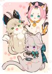  3girls ahoge animal animal_ear_fluff animal_ears animal_hands animal_nose animalization aqua_eyes beret black_bow black_fur blonde_hair blue_bow blush border bow brown_fur cat cat_ears cat_tail closed_mouth crossed_bangs cup diona_(genshin_impact) facial_mark flower genshin_impact gradient_background green_eyes green_hair grey_fur grey_hair grey_headwear hair_between_eyes hair_bow hair_ornament hat highres holding holding_cup holding_plate kirara_(genshin_impact) long_hair looking_at_viewer looking_down looking_up lynette_(genshin_impact) multicolored_background multicolored_fur multicolored_hair multiple_girls nasuka_gee open_mouth orange_fur orange_ribbon orange_scarf outside_border pink_background pink_hair plaid plaid_bow plate pom_pom_(clothes) pom_pom_hair_ornament ponytail purple_eyes ribbon scarf short_hair sidelocks smile star_(symbol) star_facial_mark streaked_hair tail topknot white_border white_fur x_hair_ornament yellow_background 