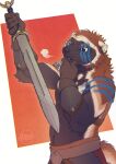 2024 anthro artist_name azuza blue_eyes blue_markings brown_body brown_fur cheek_tuft clothed clothing dated facial_tuft fangs fur glistening glistening_eyes gloves gulonine half-length_portrait handwear head_tuft hi_res holding_object holding_sword holding_weapon lokshan male mammal markings melee_weapon mouth_closed mustelid musteline neck_tuft portrait solo standing sword teeth topless tuft weapon wolverine