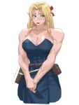  abs alternate_muscle_size belt blonde_hair blue_dress blush breasts cleavage dress dungeon_meshi elf green_eyes highres large_breasts marcille_donato muscular muscular_female pointy_ears pouch red_ribbon ribbon signature sweat turbun 