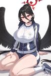  1girl black_footwear black_hair black_jacket black_shorts black_wings blue_archive breasts closed_mouth collarbone feathered_wings gym_shirt gym_shorts gym_uniform hair_between_eyes halo hasumi_(blue_archive) hasumi_(track)_(blue_archive) highres huge_breasts jacket kadokadokado long_hair long_sleeves looking_at_viewer mole mole_under_eye official_alternate_costume partially_unbuttoned red_eyes red_halo shirt shoes shorts simple_background socks solo track_jacket very_long_hair white_background white_shirt white_socks wings 