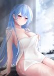  1girl absurdres azur_lane blue_hair breasts bright_pupils cleavage closed_mouth collarbone highres large_breasts long_hair naked_towel onsen pink_eyes rika_ryne signature sitting smile solo towel voroshilov_(azur_lane) water wet white_pupils 