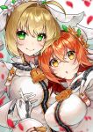  2girls ahoge blonde_hair blush bodysuit breasts chain cosplay fate/extra fate/extra_ccc fate/grand_order fate_(series) flower_wreath fujimaru_ritsuka_(female) green_eyes hair_between_eyes hair_intakes head_wreath highres ichino_tomizuki large_breasts lock long_hair looking_at_viewer multiple_girls nero_claudius_(bride)_(fate) nero_claudius_(bride)_(fate)_(cosplay) nero_claudius_(fate) orange_eyes orange_hair padlock petals short_hair smile veil white_bodysuit zipper 