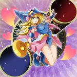  1girl akizawa bare_shoulders blonde_hair blue_footwear blue_headwear blush_stickers boots breasts choker cleavage dark_magician_girl duel_monster green_eyes hair_between_eyes hat highres holding holding_wand large_breasts long_hair looking_at_viewer magic_cylinder open_mouth solo staff wand wizard_hat yu-gi-oh! yu-gi-oh!_duel_monsters 