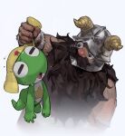  2boys absurdres animal beard beard_over_mouth big_nose black_eyes colored_skin crossover dungeon_meshi dwarf facial_hair fake_horns frog green_skin helmet highres holding holding_animal holding_another&#039;s_hair horned_helmet horns keroro keroro_gunsou long_beard looking_at_another male_focus multiple_boys mustache open_mouth senshi_(dungeon_meshi) star_(symbol) thick_mustache tto_ja very_long_beard white_background 