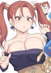  1girl bare_shoulders blush breasts brown_eyes brown_hair cleavage collarbone dragon_quest dragon_quest_viii earrings healslime jessica_albert jewelry large_breasts long_hair multiple_views one_eye_closed open_mouth purple_shirt shirt shiseki_hirame slime_(dragon_quest) smile tentacles twintails 