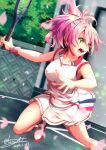  1girl breasts eiyuu_densetsu falling_petals green_eyes hair_between_eyes hair_bun highres holding holding_racket juna_crawford large_breasts navel open_mouth outdoors petals pink_hair racket sen_no_kiseki sen_no_kiseki_iii shoes skirt sneakers solo sportswear tennis tennis_racket tennis_uniform tinybiard 