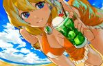  1girl alia_(mega_man) beach blonde_hair blue_eyes breasts cairngorm999 cleavage cloud cup drinking_glass highres large_breasts looking_at_viewer medium_hair mega_man_(series) mega_man_x_(series) ocean one-piece_swimsuit orange_one-piece_swimsuit robot_ears sky solo swimsuit 