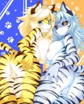 absurd_res anthro areola big_breasts blonde_hair blue_eyes blush breasts butt cyberconnect2 drecom duo felid female full_bokko_heroes fur genitals hair hi_res looking_at_viewer mammal megane_inu nipples nude pantherine pussy smile striped_body stripes tiger zhang_fei_(full_bokko_heroes)