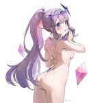  1991_(blz) 1girl ass blush breasts commentary_request crystal from_behind grey_hair hololive hololive_english koseki_bijou looking_at_viewer looking_back medium_breasts multicolored_hair nipples nude parted_lips ponytail purple_eyes purple_hair simple_background solo sweat two-tone_hair virtual_youtuber wet white_background 
