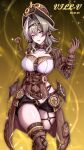  1girl absurdres belt black_shorts boots breasts brown_gloves brown_hair cleavage cowboy_shot gears gloves hat highres honkai_(series) honkai_impact_3rd large_breasts light_blush looking_at_viewer medium_hair purple_eyes ruo_zhishi_chu_jian shorts solo steampunk tagme thigh_boots too_many_belts top_hat underbust vill-v 