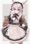  1boy animal animal_ears animal_on_shoulder apron belt crossdressing dress flower frilled_dress frills gloves hair_ornament hairclip highres ichimishiyu index_finger_raised juliet_sleeves long_sleeves looking_at_viewer maid maid_headdress male_focus multiple_belts open_mouth original puffy_sleeves rabbit rabbit_boy rabbit_ears red_eyes short_hair skirt_hold sleeve_cuffs solo thigh_strap white_hair x_hair_ornament 