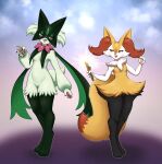 ajna anthro braixen canid canine domestic_cat felid feline felis female fennec_fox fox furry generation_6_pokemon generation_9_pokemon hi_res mammal meowscarada nintendo pinup pokemon pokemon_(species) pose sapphic true_fox wide_hips