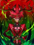  1boy alastor_(hazbin_hotel) animal_ears antlers black_bow black_bowtie black_sclera bow bowtie colored_sclera colored_skin deer_ears evil_grin evil_smile grey_skin grin hazbin_hotel highres horns jacket kotobuki_toro long_sleeves looking_at_viewer male_focus microphone_stand monocle pink_eyes red_jacket short_hair smile solo striped_clothes striped_jacket yellow_teeth 