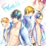  5boys adam&#039;s_apple an_kyoung bare_pectorals bishounen blue_eyes blue_hair brown_eyes brown_hair commentary copyright_name english_commentary free! hair_over_one_eye hazuki_nagisa highres jacket looking_ahead looking_back male_focus matsuoka_rin multiple_boys nanase_haruka_(free!) navel open_clothes open_jacket open_mouth pectorals pink_hair red-framed_eyewear ryuugazaki_rei short_hair sparkle tachibana_makoto white_background white_jacket 