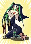  1girl antennae arthropod_girl black_dress commission dress full_body green_hair highres kneeling mantis_girl monster_girl nun original pixiv_commission praying_mantis setz sharp_teeth simple_background solo teeth 