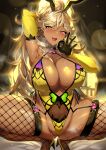  1girl absurdres animal_ears arm_behind_head armpits blonde_hair blurry blurry_background blush breasts bunnystein_fantasy cameltoe choker cleavage covered_navel dark-skinned_female dark_skin elbow_gloves fake_animal_ears fellatio_gesture fishnet_thighhighs fishnets garter_straps gloves heart heart-shaped_pupils high_heels highleg highleg_leotard highres large_breasts leotard lips lipstick long_hair looking_at_viewer makeup mole mole_on_stomach mole_under_eye open_mouth original partially_visible_vulva ponytail rabbit_ears senri_gan serika_(bunnystein_fantasy) skindentation smile solo spread_legs squatting steaming_body sweat symbol-shaped_pupils thighhighs thighs yellow_eyes 