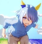  1girl animal_ears blue_hair blue_shirt blue_sky brown_pants collared_shirt commentary_request cowboy_shot ear_covers ear_ornament grass hair_between_eyes highres horse_ears horse_girl horse_tail k.s.miracle_(umamusume) light_blue_hair long_sleeves official_alternate_costume open_mouth outdoors pants purple_eyes shirt short_hair sky solo tail teeth umamusume upper_teeth_only water yoojp 