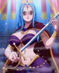  1girl absurdres armlet artist_name blue_hair bracelet breasts cape cleavage closed_mouth crown english_commentary highres holding holding_sword holding_weapon jewelry large_breasts long_hair looking_at_viewer navel necklace nefertari_d._lily one_piece pink_lips rakara11_(rakkarts) red_eyes ring solo spoilers sword thighs weapon 