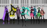  2010 3boys 6+girls absurdres ahoge aqua_hair barcode black_pantyhose blonde_hair blue_hair boots color-coded full_body gloves green_eyes green_hair grey_background gumi hair_ornament hair_over_eyes hairband hat hatsune_miku highres kagamine_len kagamine_rin kaito_(vocaloid) kamui_gakupo koi_wa_sensou_(vocaloid) legs long_hair megaphone megurine_luka meiko_(vocaloid) military military_uniform miwa_shirow multiple_boys multiple_girls orange_hair pantyhose photoshop_(medium) purple_hair red_eyes red_hair reflection sf-a2_miki short_hair skirt smile standing throwing twintails uniform very_long_hair vocaloid 