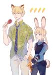  1boy 1girl ahoge animal_ear_fluff animal_ears aqua_eyes artoria_pendragon_(fate) belt_buckle belt_pouch blonde_hair blue_pants blue_shirt breast_pocket buckle carrot closed_mouth collared_shirt commentary_request cosplay cowboy_shot diagonal-striped_clothes diagonal-striped_necktie extra_ears fate/stay_night fate_(series) food fox_ears fox_tail gilgamesh_(fate) green_shirt hair_between_eyes hand_in_pocket highres holding holding_carrot holding_food holding_popsicle judy_hopps judy_hopps_(cosplay) kemonomimi_mode long_hair long_sleeves machi_(uqyjee) necktie nick_wilde nick_wilde_(cosplay) pants pocket police police_uniform policewoman ponytail popsicle pouch print_shirt rabbit_ears rabbit_tail red_eyes saber_(fate) shirt short_hair short_sleeves side-by-side sidelocks simple_background standing striped_clothes tail uniform white_background zootopia 