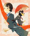  1girl akino_(concierge) bird black_hair blue_eyes brown_eyes confetti eruru_(concierge) hair_bun hokkyoku_hyakkaten_no_concierge-san long_sleeves looking_at_viewer necktie red_necktie red_umbrella short_hair smile sora_mame_(7799374) suit umbrella 