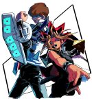  2boys black_pants blonde_hair blue_eyes blurry brown_hair card chain chain_necklace clenched_hand coat duel_disk dyed_bangs glowing glowing_eyes hand_up holding holding_card jacket jewelry kaiba_seto kokusoji looking_at_viewer male_focus millennium_puzzle multicolored_hair multiple_boys necklace open_clothes open_coat open_mouth pants shirt simple_background solo spiked_hair teeth white_background white_coat yami_yuugi yu-gi-oh! yu-gi-oh!_duel_monsters 