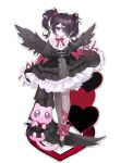  1girl absurdres acrylic_stand ame-chan_(needy_girl_overdose) animal black_dress black_eyes black_footwear black_hair black_wings bow cat closed_mouth clothed_animal commentary_request dress emoji feathered_wings frilled_dress frills full_body gothic_lolita hair_over_one_eye highres lolita_fashion long_hair long_sleeves mew_(mewrurirun) needy_girl_overdose pantyhose pien_cat_(needy_girl_overdose) pleading_face_emoji puffy_long_sleeves puffy_sleeves red_bow red_ribbon ribbon shoes solo standing twintails white_background wings 