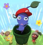  acorn black_eyes blue_eyes blue_pikmin blue_skin blue_sky blush_stickers cabbie_hat colored_skin commentary_request day emphasis_lines field flower flower_field grass hat helm helmet highres jumping leaf looking_at_viewer mario_(series) mario_hat mushroom_hat no_humans no_mouth pikmin_(creature) pikmin_(series) pikmin_bloom pointy_ears pointy_nose purple_flower red_headwear red_pikmin red_skin shadow sky straight-on triangle_mouth usuba_(hatomugip) warp_pipe white_flower yellow_flower yellow_pikmin yellow_skin 