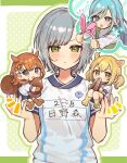  4girls animal_ears azusawa_kohane blonde_hair blush character_name closed_mouth green_eyes grey_hair hamster_ears hanasato_minori highres hinomori_shiho hinomori_shizuku holding looking_at_viewer mini_person minigirl multiple_girls project_sekai shirt short_hair short_sleeves squirrel_ears squirrel_tail tail twintails uminokaisen white_shirt yellow_eyes 