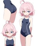  1girl abydos_high_school_swimsuit ahoge ass bare_arms bare_legs bare_shoulders black_one-piece_swimsuit blue_archive blue_eyes blush breasts collarbone hair_between_eyes heterochromia highres hoshino_(blue_archive) hoshino_(young)_(blue_archive) io9 looking_at_viewer multiple_views one-piece_swimsuit open_mouth parted_lips pink_hair school_swimsuit short_hair simple_background small_breasts swimsuit white_background yellow_eyes 