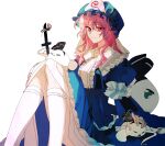  1girl =_= black_hairband black_ribbon blue_dress blue_headwear center_frills closed_mouth collared_dress commentary_request dress feet_out_of_frame frilled_headwear frilled_shirt_collar frills green_eyes hairband hat highres hitodama kneehighs knees_up konpaku_youmu_(ghost) light_smile long_hair long_sleeves looking_at_viewer mob_cap pink_eyes pink_hair ribbon saigyouji_yuyuko simple_background sitting socks sword touhou triangle_mouth weapon white_background white_socks xian_qishui 