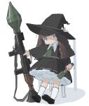  1girl :&lt; absurdres ascot black_dress black_footwear black_hair black_headwear bloomers blue_eyes blunt_bangs blunt_ends bow bright_pupils collared_dress dress explosive green_ascot grenade hat hat_bow highres holding holding_weapon looking_at_viewer original rocket_launcher rpg_(weapon) shoes simple_background siroa socks stielhandgranate tareme wavy_hair weapon white_background white_bow white_pupils witch witch_hat 